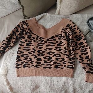 Guess Tan and Black Animal Print V-Neck Sweater